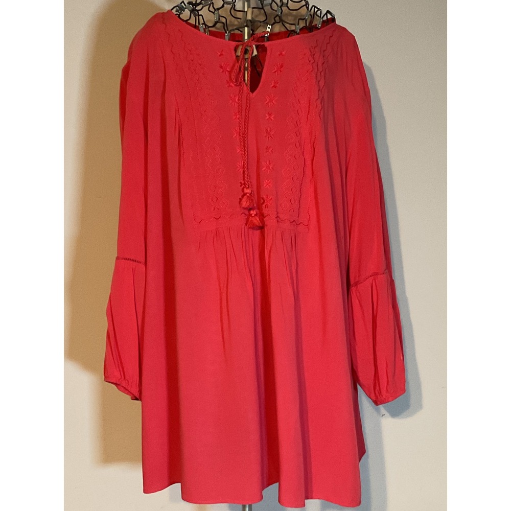 St‎ Johns Bay Woman Red Embroidered Tassel Peasant Top Blouse 3X Rayon Boho